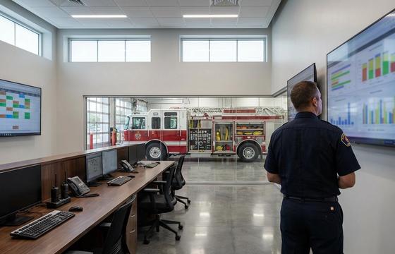 Battalion chief reviewing incident run reports and shift staffing data on dual monitors in fire station command office