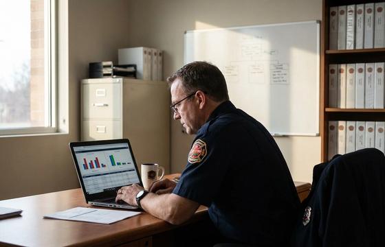 Fire captain reviewing RMS incident records on a laptop while evaluating a fire RMS vendor switch