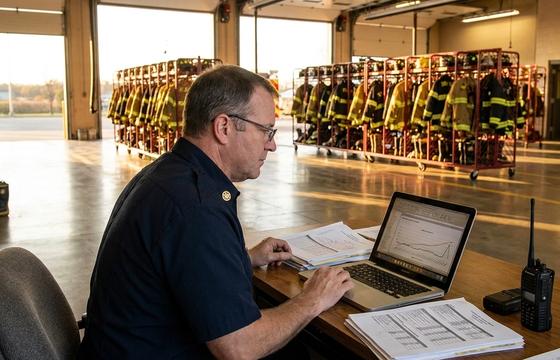 Fire department company officer reviewing AI-assisted incident reports on a computer in the station