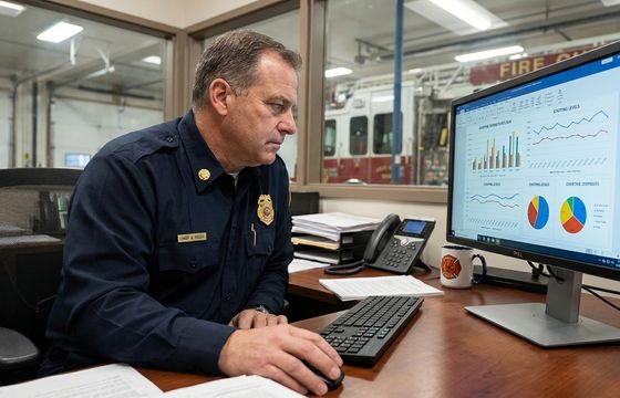 Fire chief reviewing AI-powered overtime analytics dashboard for staffing decisions