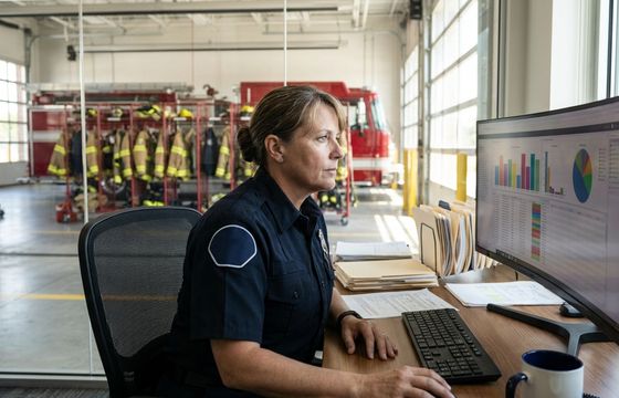 Fire department training officer reviewing AI-powered certification dashboard