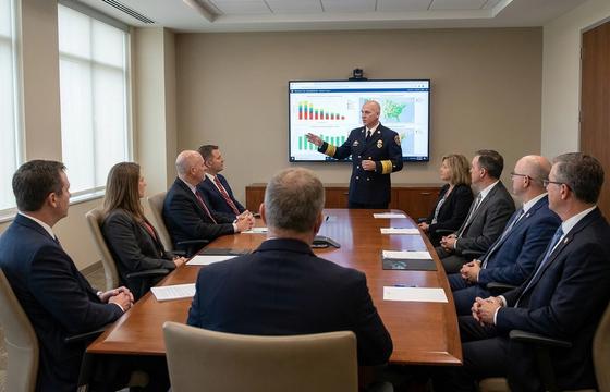 Fire chief presenting AI budget proposal to city administrators in a conference room