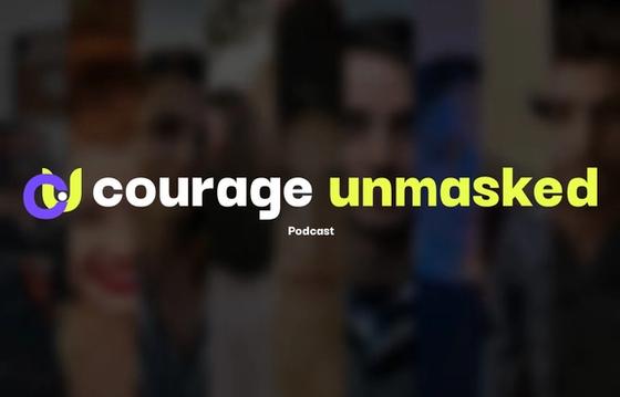 Logo for the Courage Unmasked Podcast, featuring bold white and neon green text with a blurred background of diverse faces symbolizing storytelling and growth