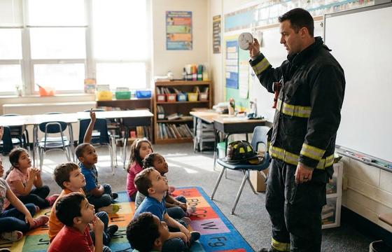 Firefighter teaching students about smoke alarm and lithium-ion battery safety for Fire Prevention Week