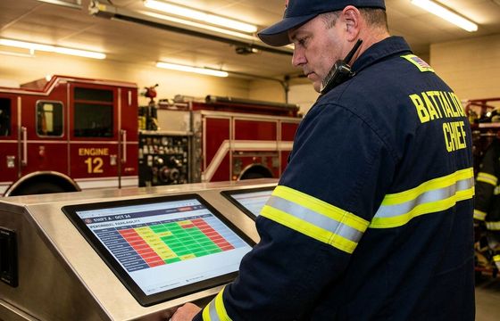 Fire department battalion chief reviewing AI-assisted staffing and scheduling dashboard