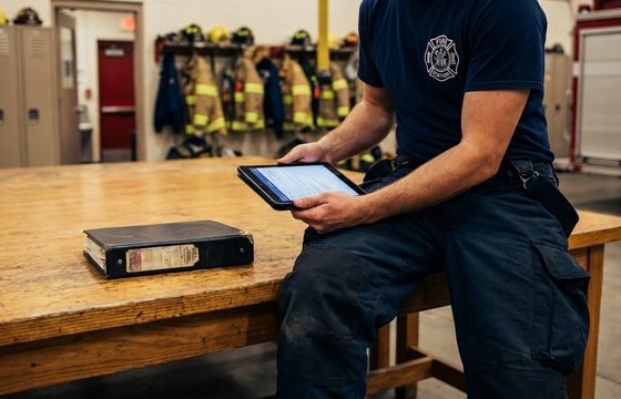 Firefighters reviewing digital SOPs on a tablet in front of a fire engine