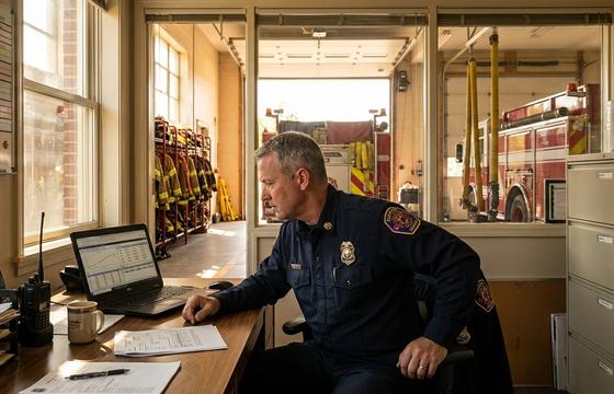 Fire chief at a station desk reviewing department budget and AI ROI figures on a laptop