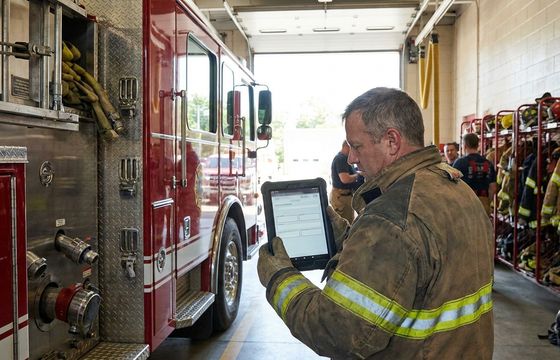 Firefighters using a tablet in front of a fire engine to complete NERIS incident reporting with AI assistance