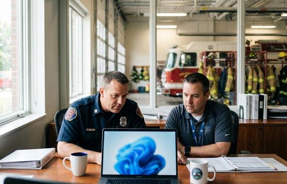 Fire chief and city IT director reviewing FlorianAI security requirements at a station computer