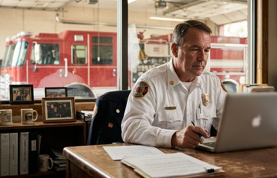 Fire chief reviewing NERIS data analysis on a laptop in a station office
