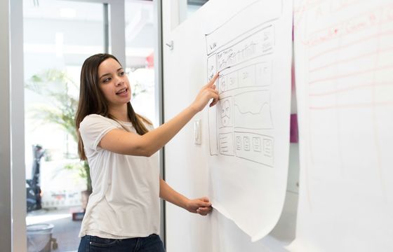 Professional presenting dashboard showcasing data-driven leadership insights in a team setting.