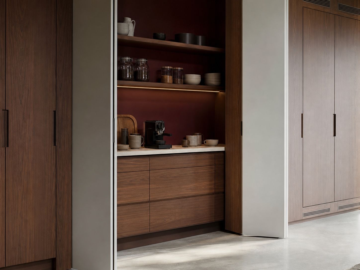 Full-height walnut kitchen pantry with burgundy breakfast station and integrated lighting