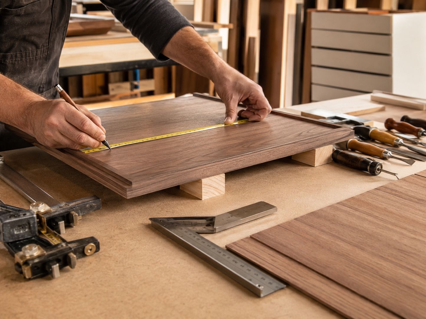 Craftsperson measuring a wood veneer panel on a clean cabinetry workshop bench