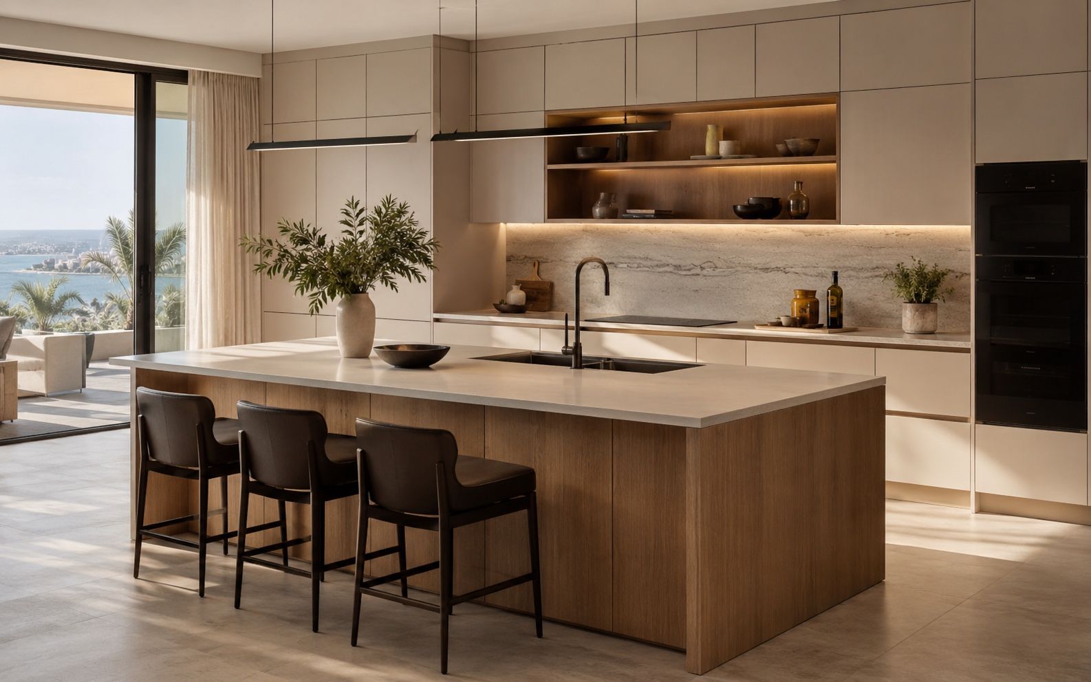 Warm modern kitchen with custom cabinetry, stone island, integrated lighting, and sea-facing daylight
