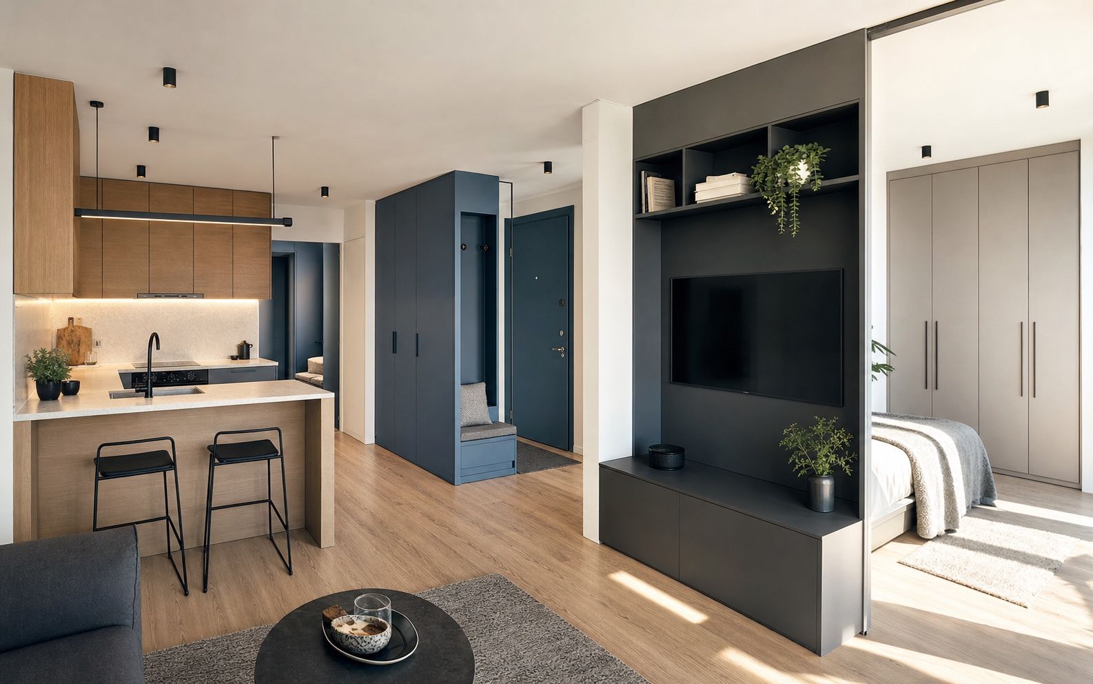 Compact show apartment with coordinated oak kitchen, blue entry storage, graphite media wall, and wardrobes