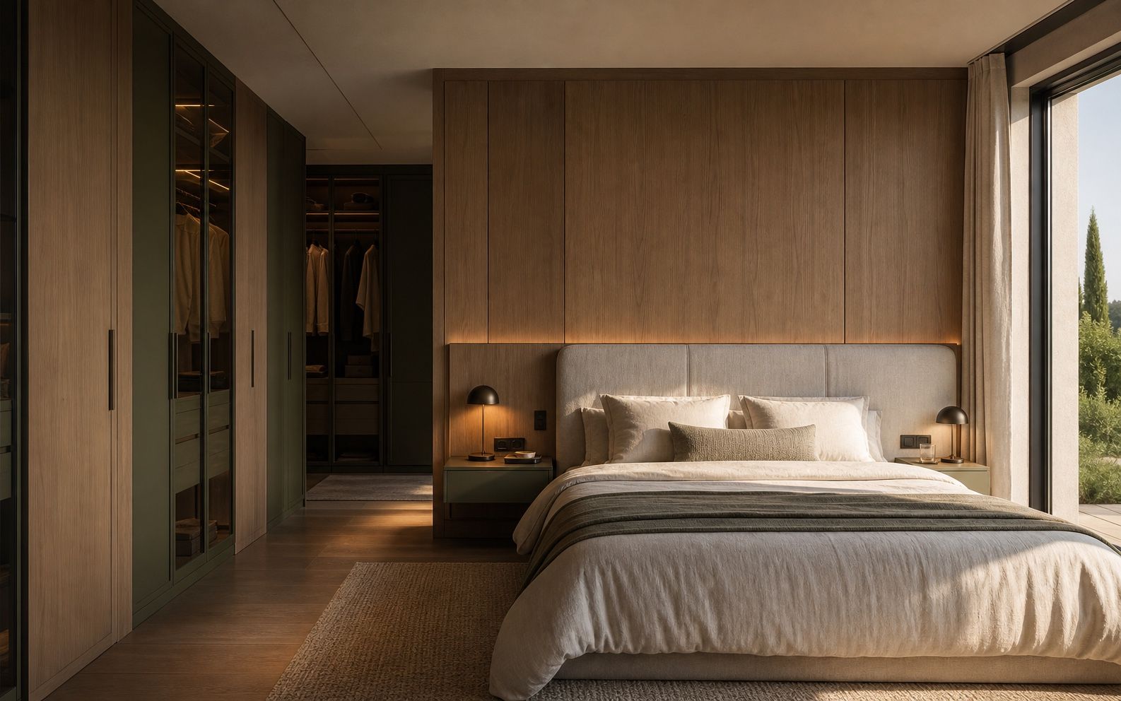 Calm bedroom with natural ash wardrobes, deep olive panels, linen headboard, and smoked glass storage