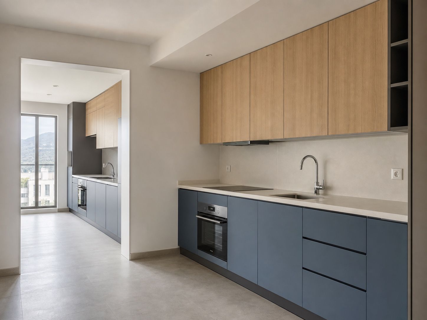 Coordinated apartment kitchen variations using repeatable oak, blue, grey, and quartz specifications