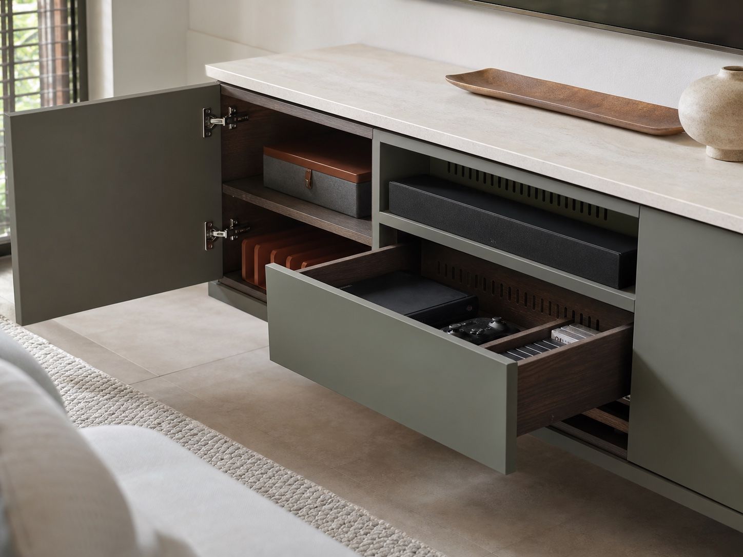 Open mineral green media console showing ventilated equipment storage and precise hardware