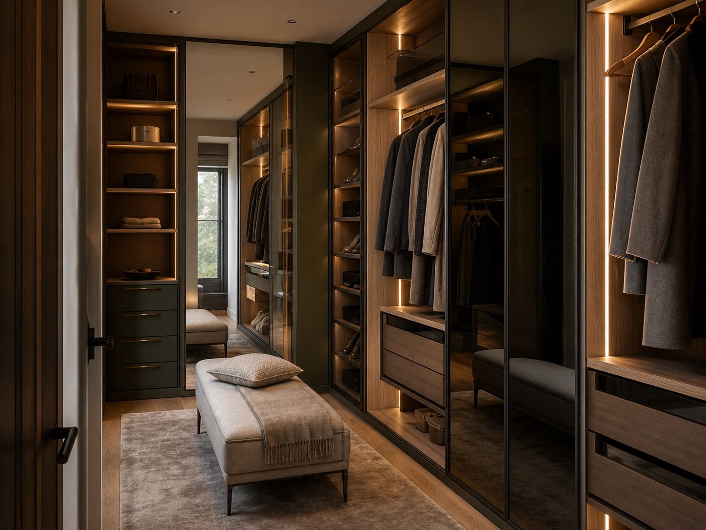 Walk-in dressing room with ash cabinetry, olive panels, smoked glass, and integrated lighting