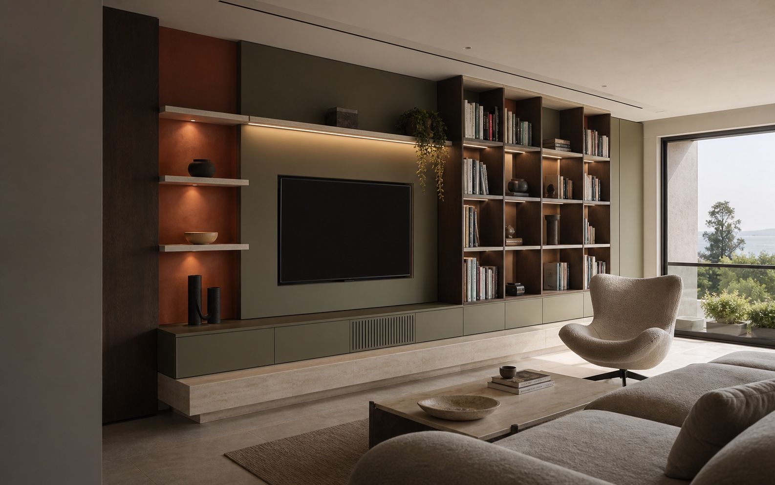 Architectural living room with mineral green media unit, smoked oak library, travertine, and terracotta niches