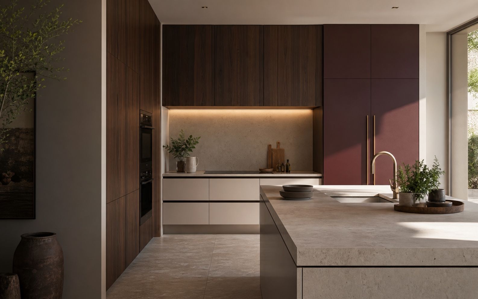 Bespoke kitchen with walnut cabinetry, burgundy tall units, limestone island, and aged brass details