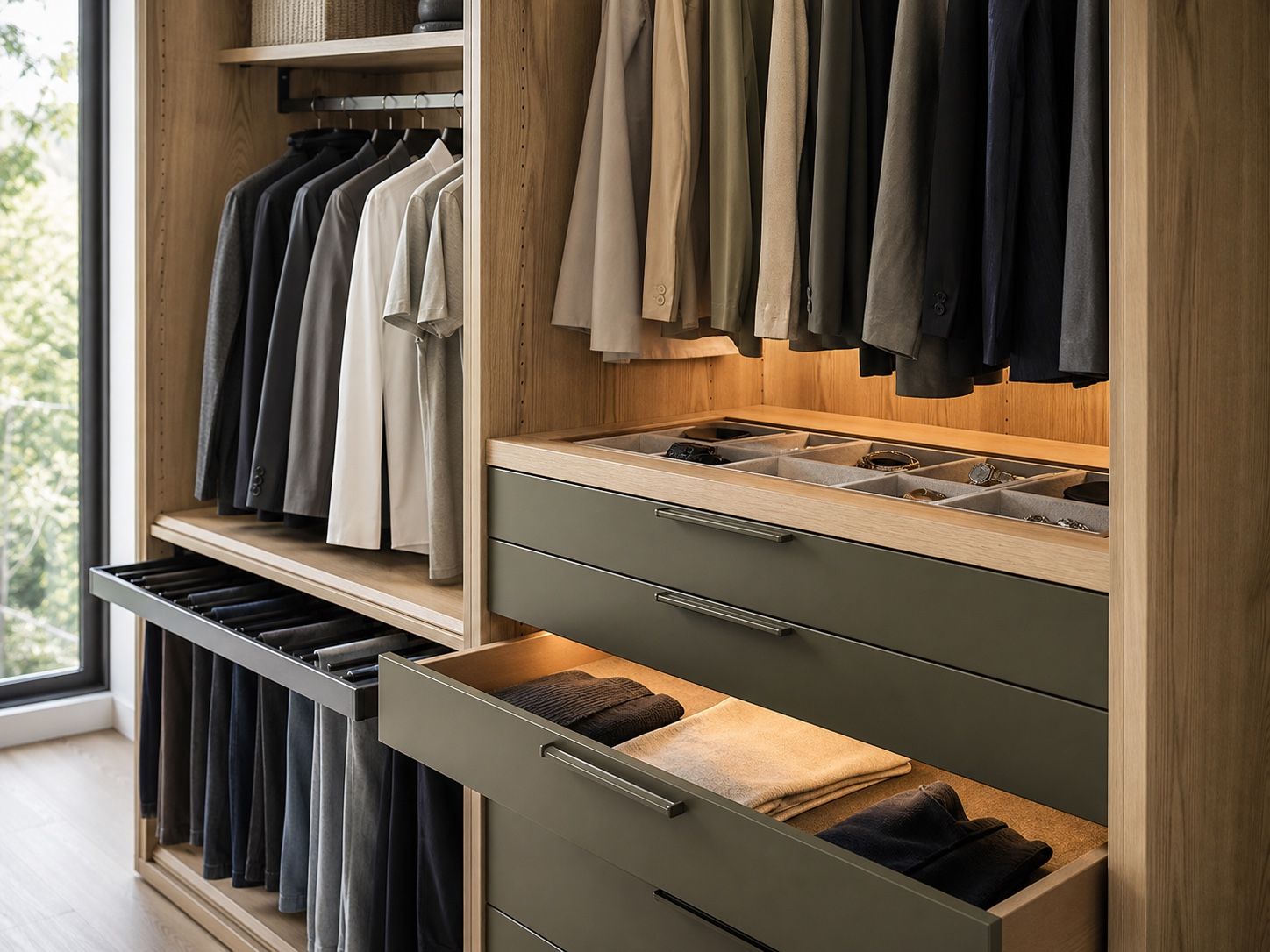 Detailed wardrobe interior with ash shelving, olive drawers, hanging zones, and accessory storage