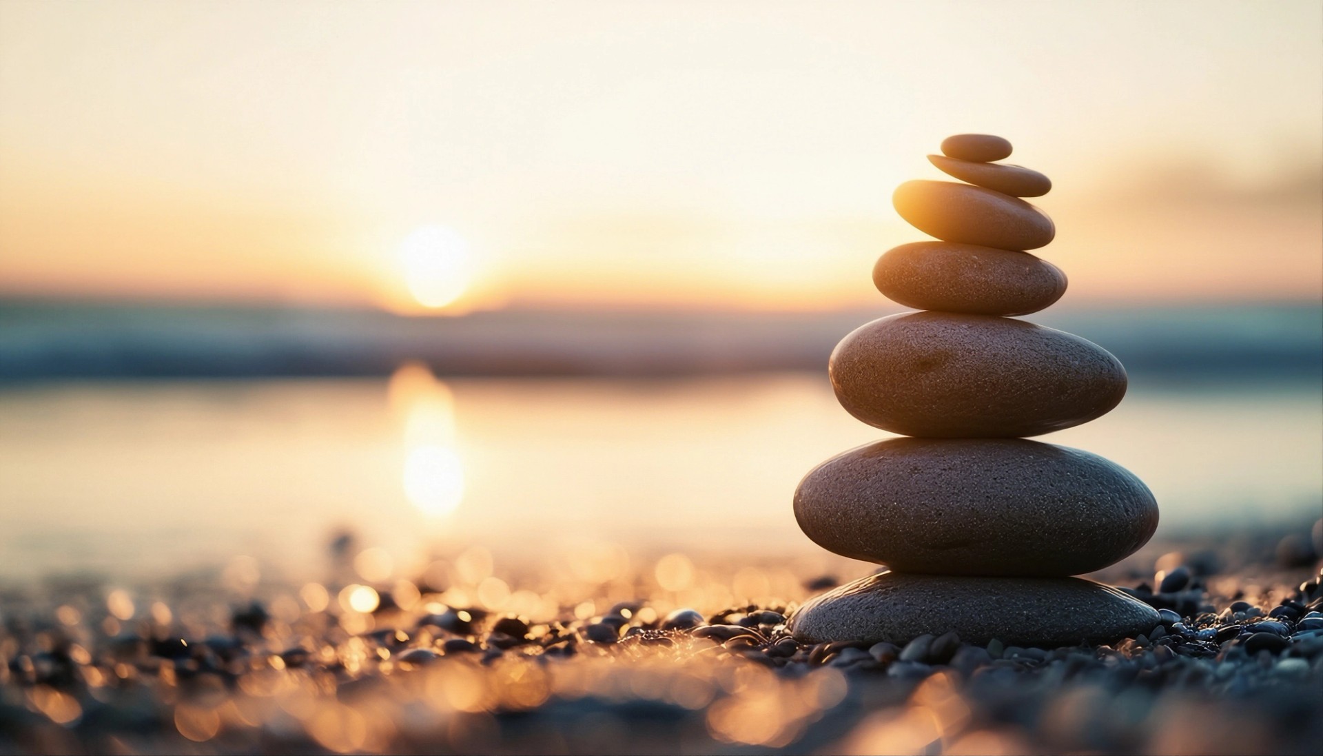 Pebbles stacked in a cairn on a beach at sunset