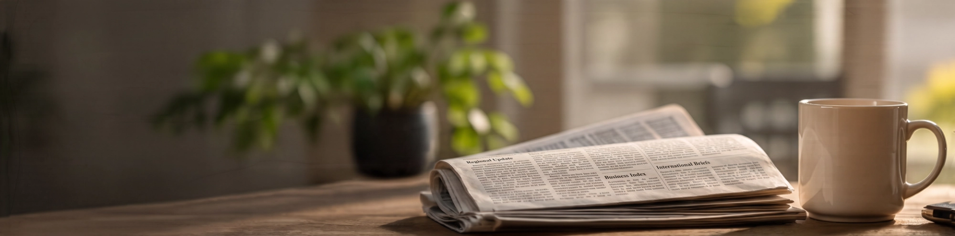 A folded newspaper and mug sit on a sunlit wooden table.