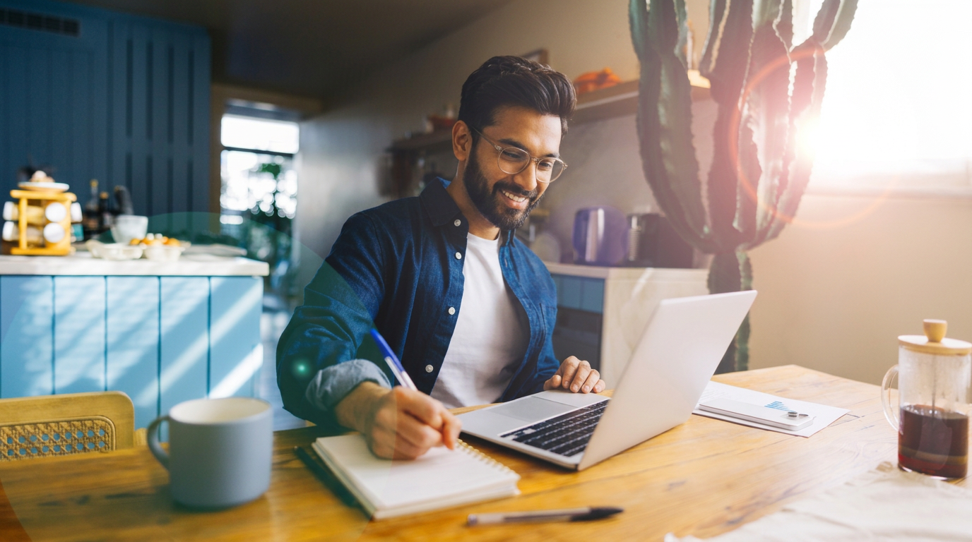 Man writing in a notebook beside his laptop in a sunlit kitchen