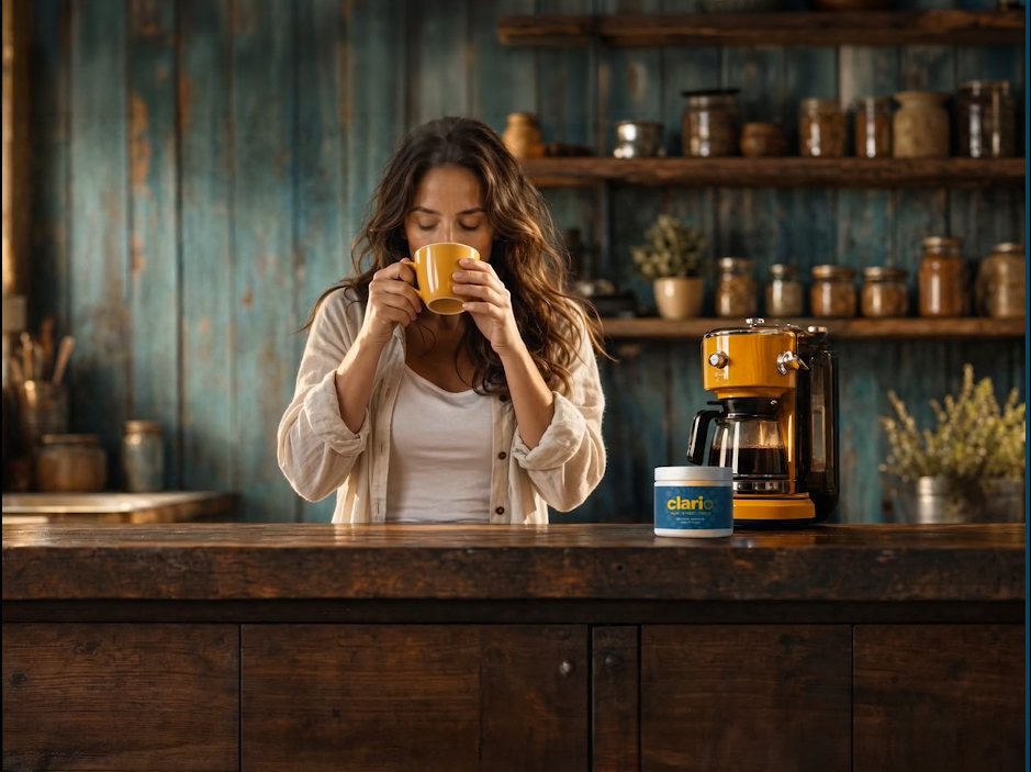 Women drinking her coffee with clario's supplement