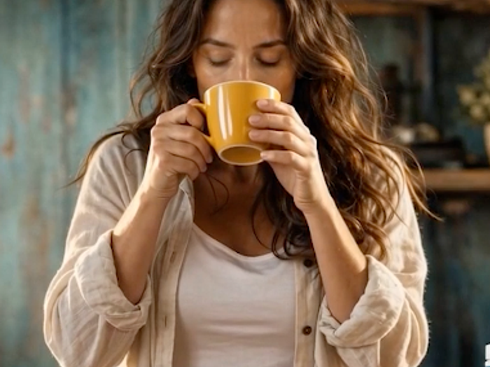 Women drinking her coffee with clario's supplement