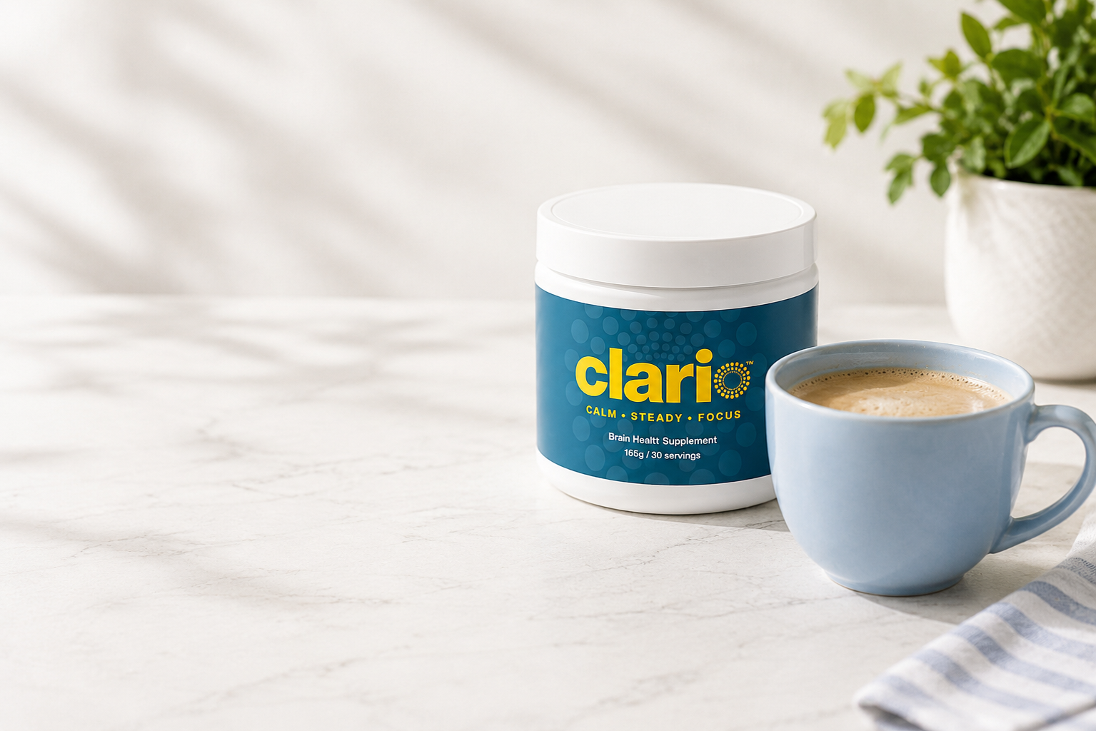 Clario supplement with a cup of coffee