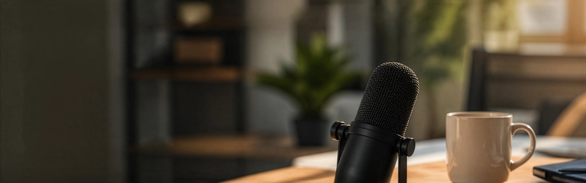 A microphone and mug sit on a wooden table.