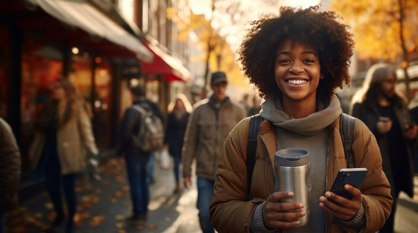 Girl smiling with a coffee and phone in hand