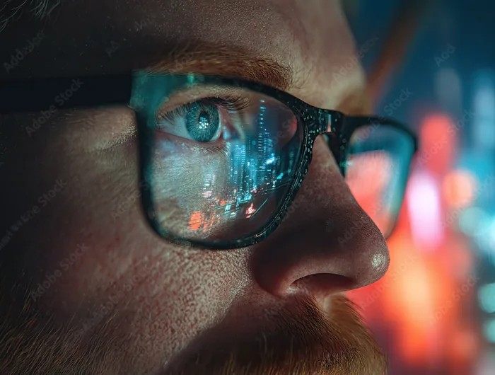 Close-up of glasses reflecting city lights