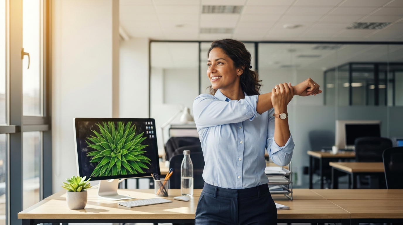 Man stretching his arms above his head beside his desk in an office