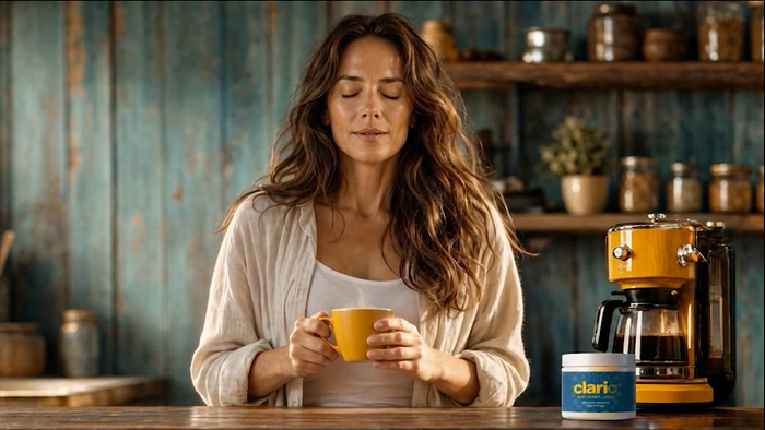 A woman with her eyes closed, calmly holding a mug of coffee beside a container of Clario supplement.
