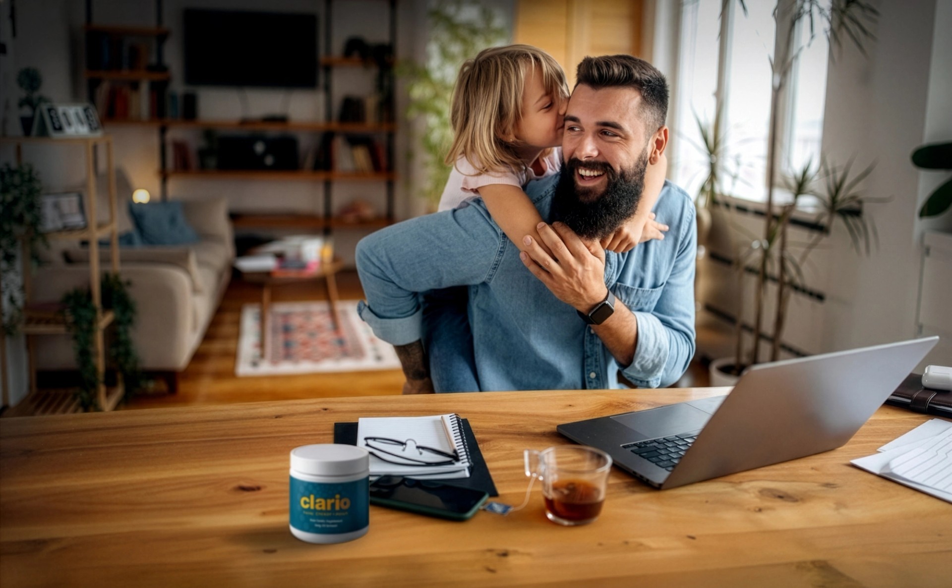 happy man at desk with daughter and work
