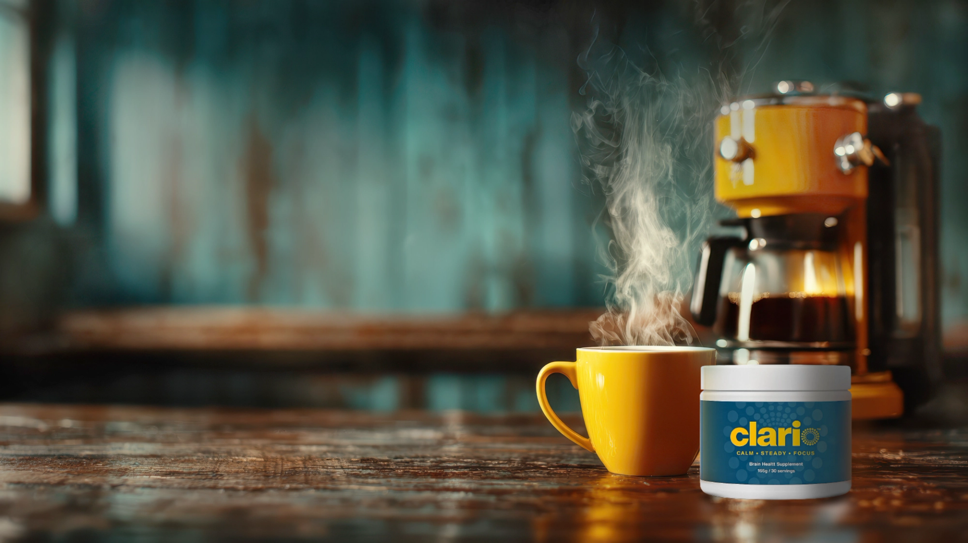brewing coffee with clario product side by side with the coffee mug