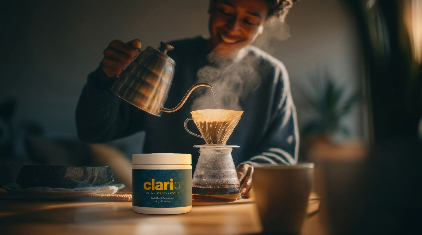 Happy women brewing some coffee and mixing with clario supplement