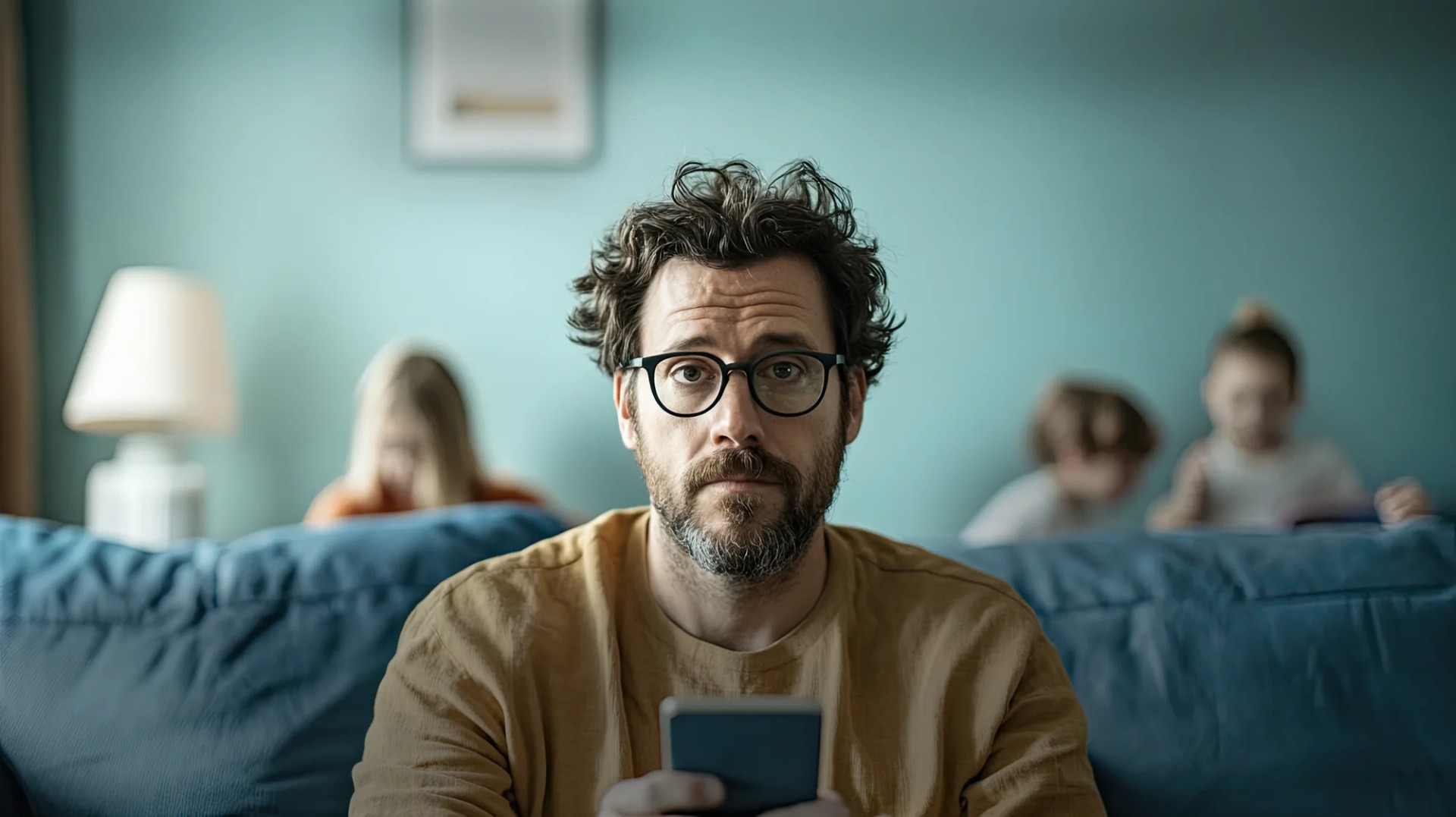 Man sitting on a couch holding his phone while his children play behind him