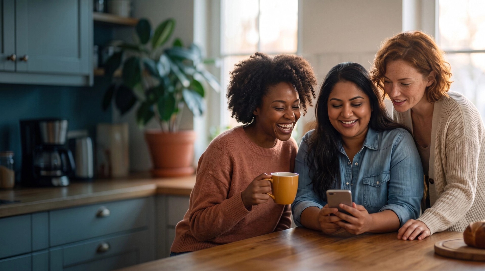 Three friends laughing together at a kitchen counter, looking at a phone.
