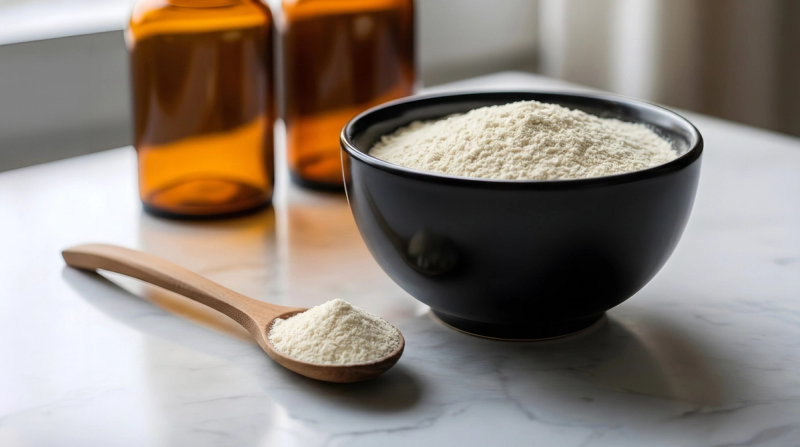 A wooden bowl of L-Tyrosine powder