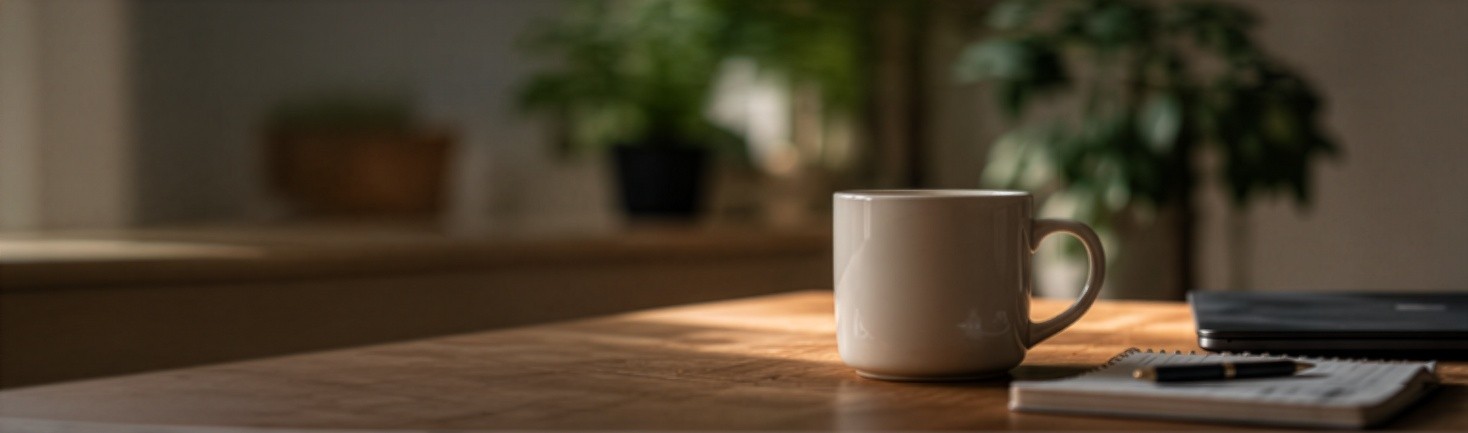 A mug and notebook rest on a sunlit wooden table.