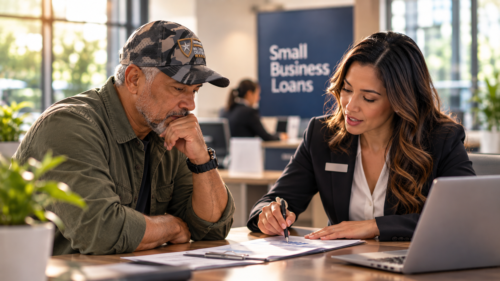 A veteran entrepreneur reviews business loan documents with a bank advisor during a small business financing consultation.