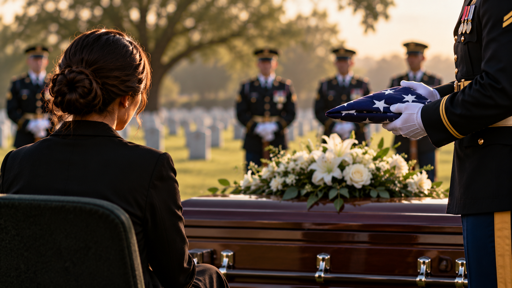 Military funeral with a grieving spouse, honor guard presenting a folded American flag, and a flower-covered casket at a cemetery.