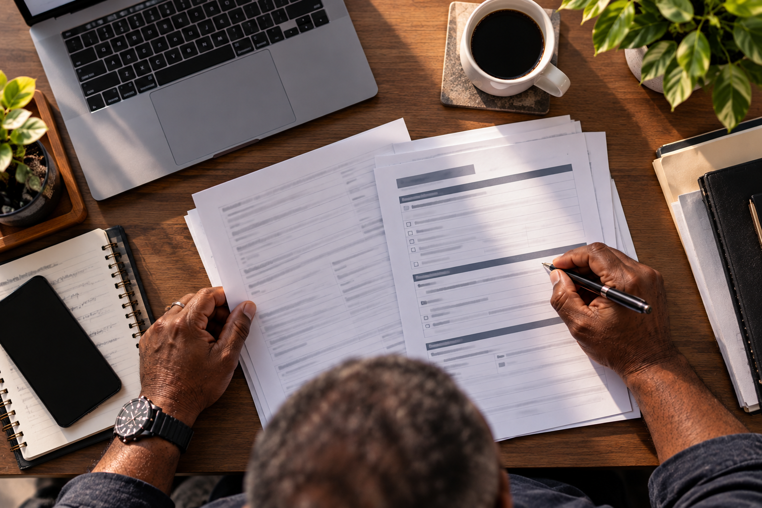 Overhead view of a veteran completing business certification paperwork at a desk with a laptop, coffee, notebook, and office supplies.