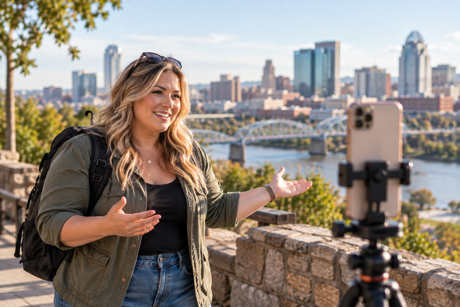 A creator films a video with a smartphone on a tripod at a U.S. riverfront overlook, with a city skyline and bridge in the background.