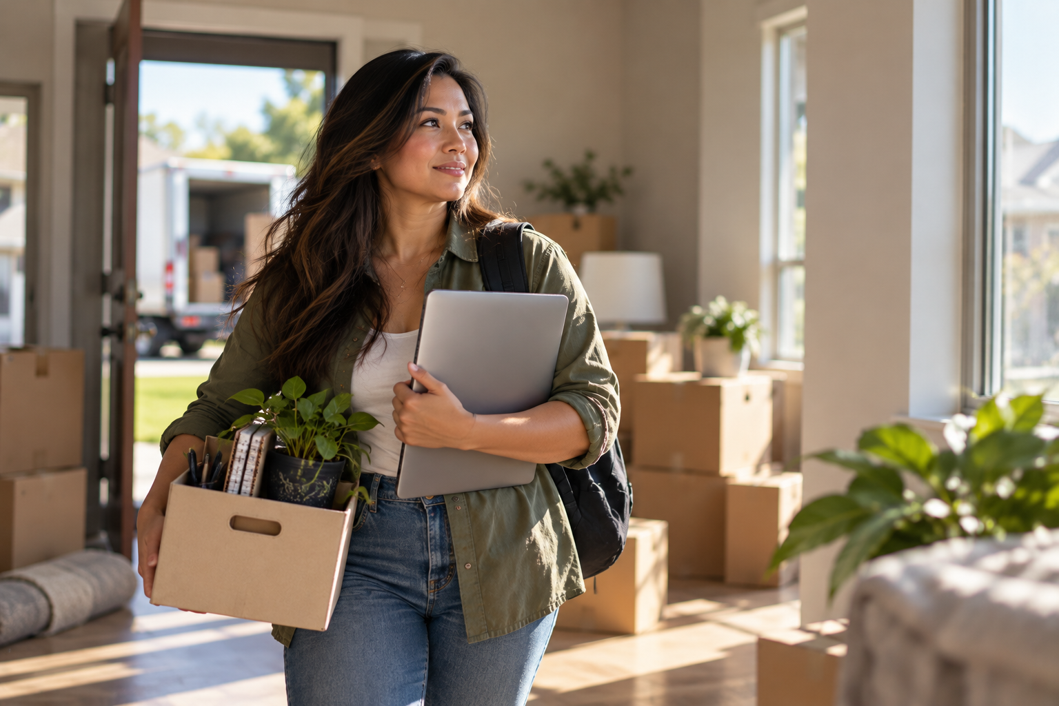 A woman carrying a laptop and a box of business essentials into a new home, with moving boxes and a moving truck in the background.