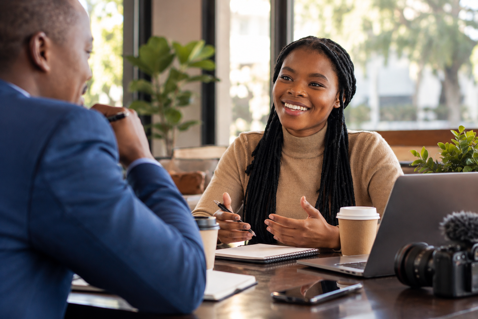 A creator discusses a brand partnership with a professional across a café table, with a laptop, notebook, coffee cups, and camera equipment nearby.